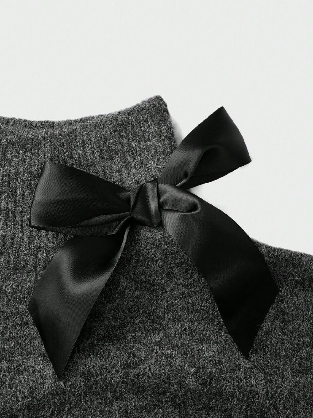 Grey Casual Women's High Neck Open Shoulder Sweater With Bowknot Lace details - Picture 5 of 6